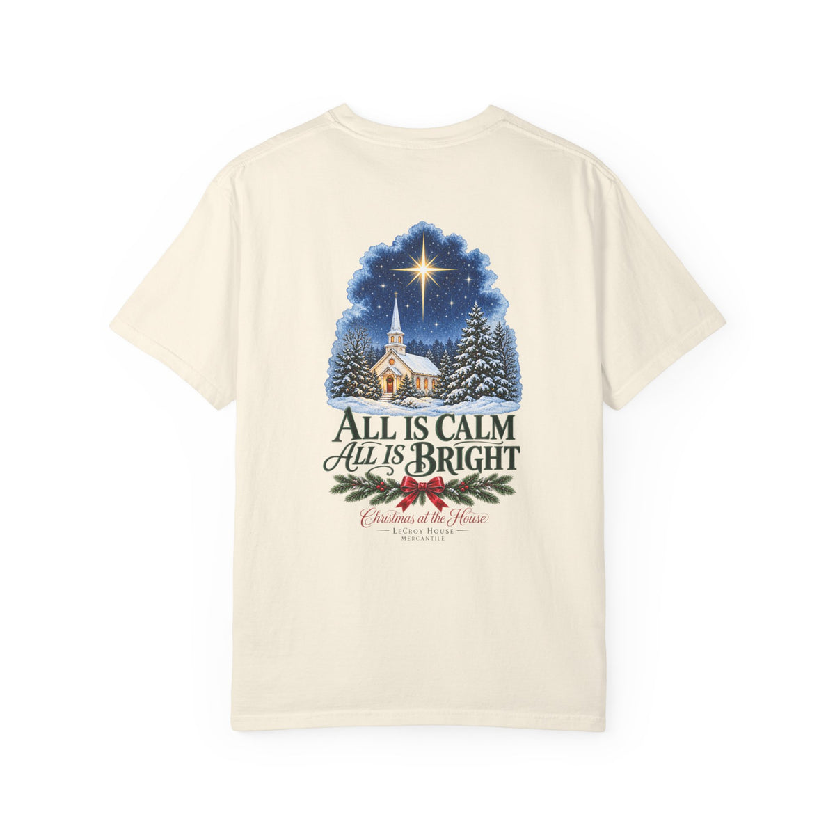 Christmas T-Shirt — "All Is Calm, All Is Bright" Church Scene Holiday Tee