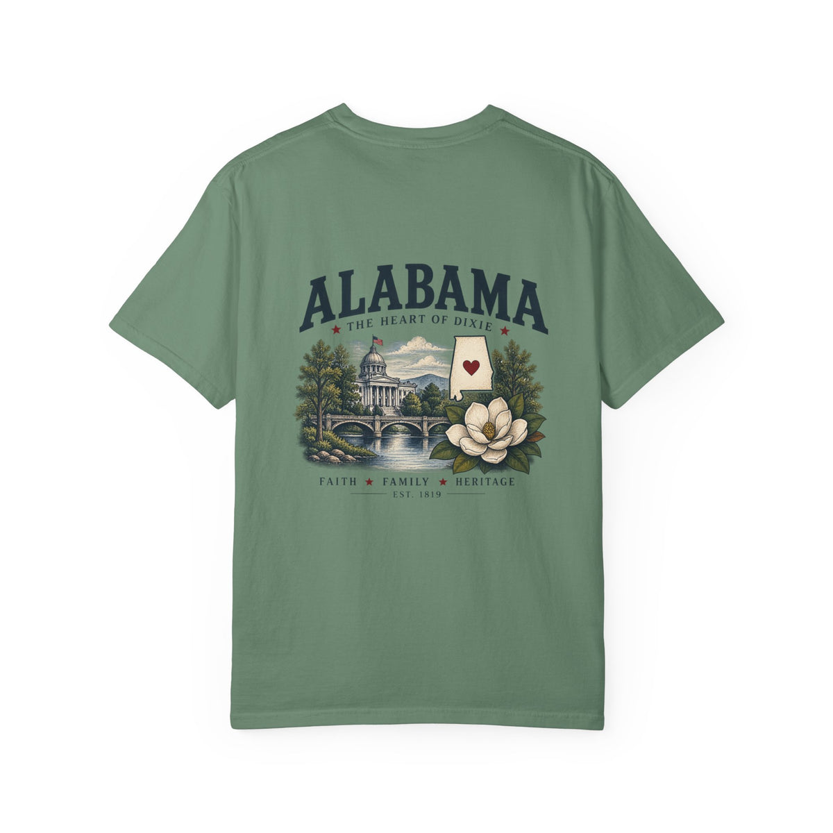 Alabama Heritage T-Shirt — State Scenic Back Print with Magnolia & Capitol