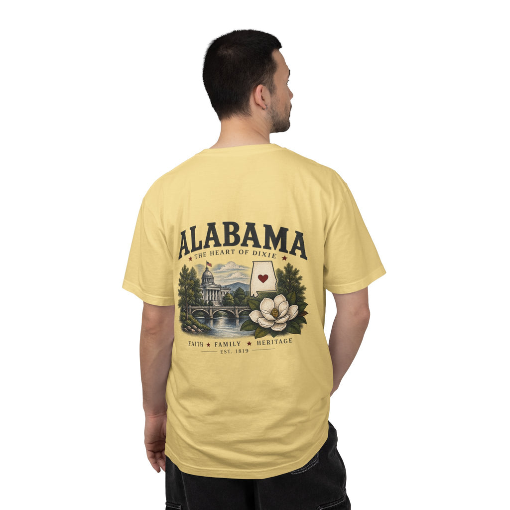 Alabama Heritage T-Shirt — State Scenic Back Print with Magnolia & Capitol