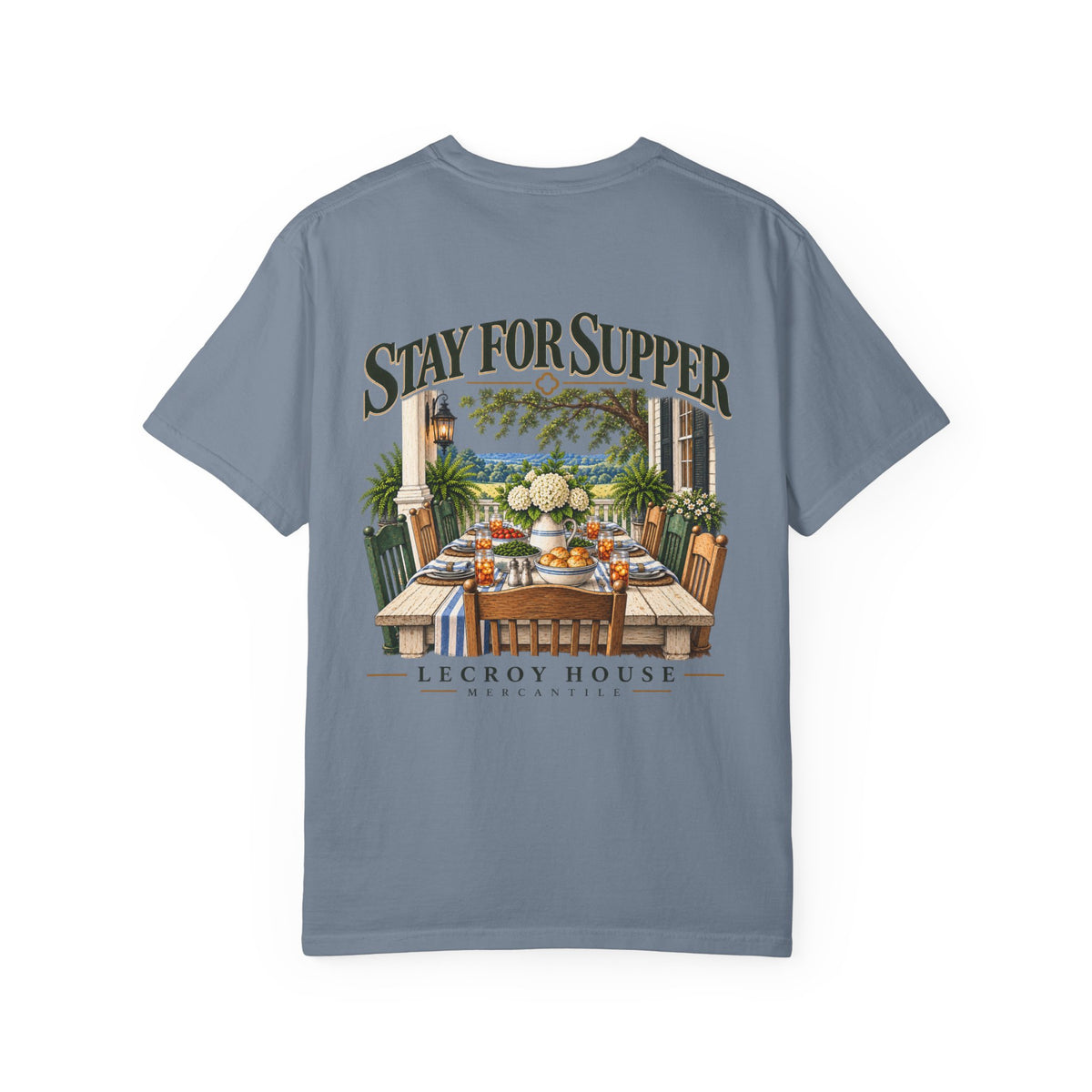 T-Shirt — "Stay For Supper" Scenic Dinner Porch Graphic