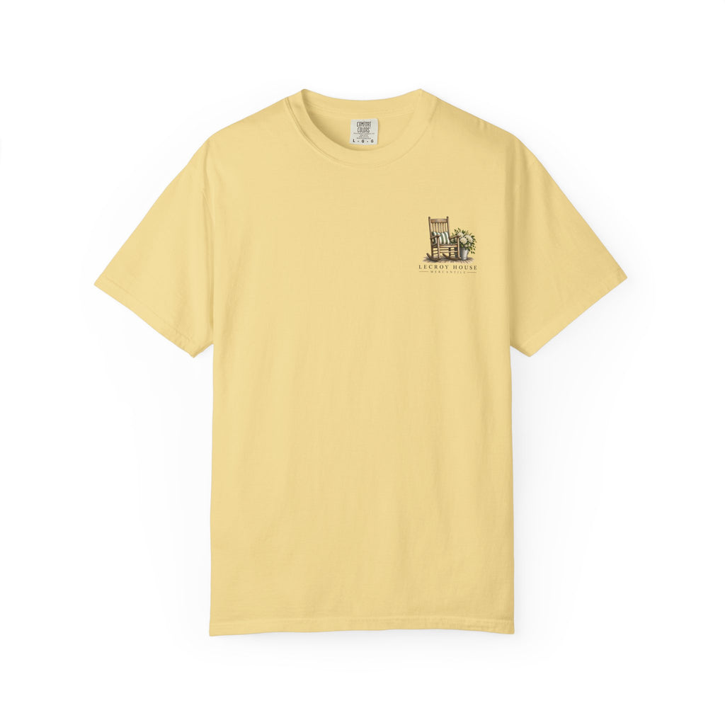 Come On In Porch T-Shirt — "Come On In, We'll Find You a Chair" Relaxed Front-Pocket Tee