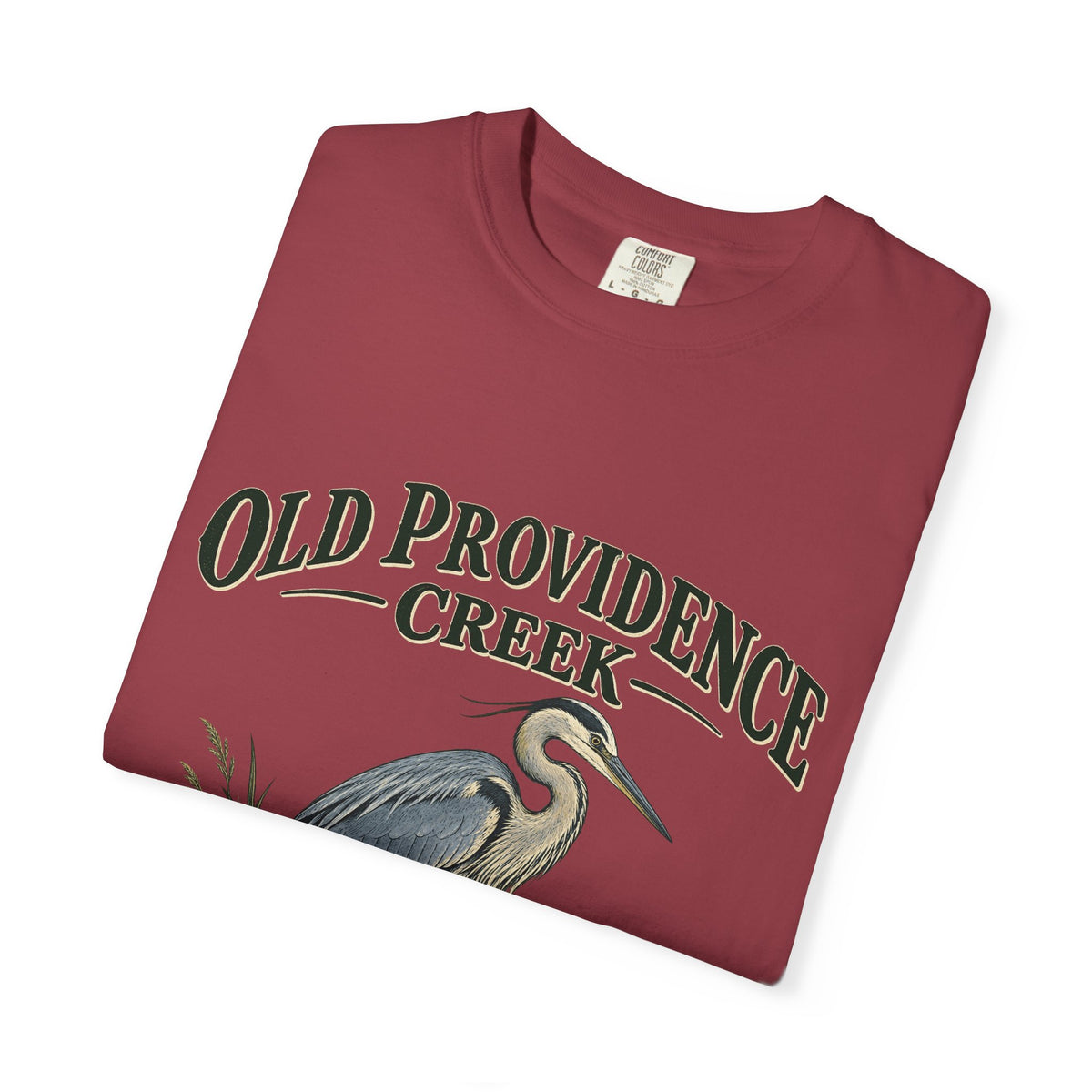Old Providence Creek Heron T-Shirt — "Slow Down. Stay Awhile." Coastal Nature Tee