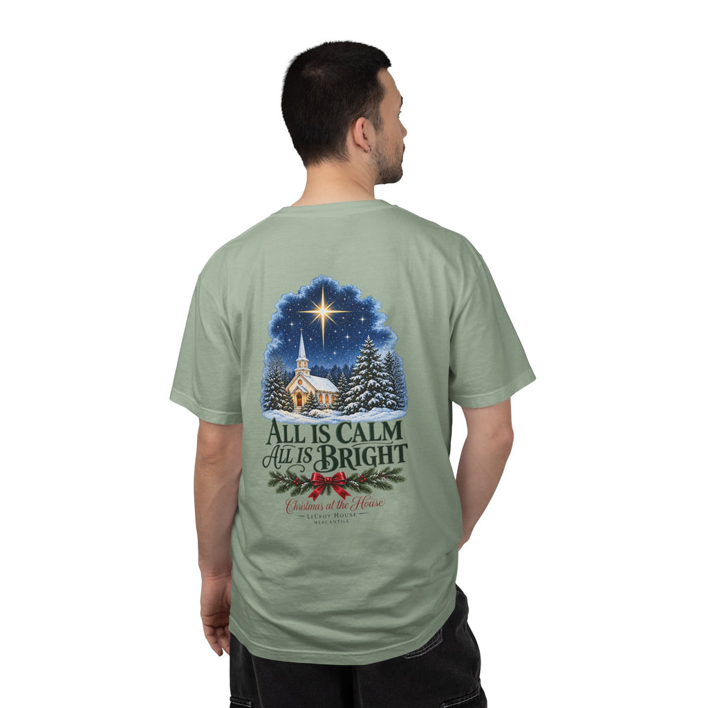Christmas T-Shirt — "All Is Calm, All Is Bright" Church Scene Holiday Tee