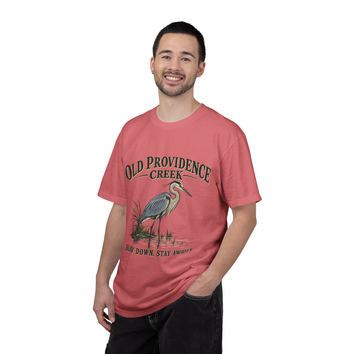 Old Providence Creek Heron T-Shirt — "Slow Down. Stay Awhile." Coastal Nature Tee