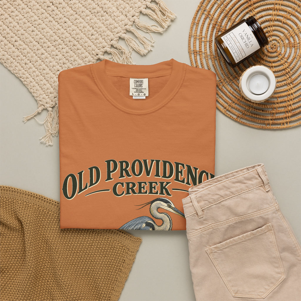 Old Providence Creek Heron T-Shirt — "Slow Down. Stay Awhile." Coastal Nature Tee