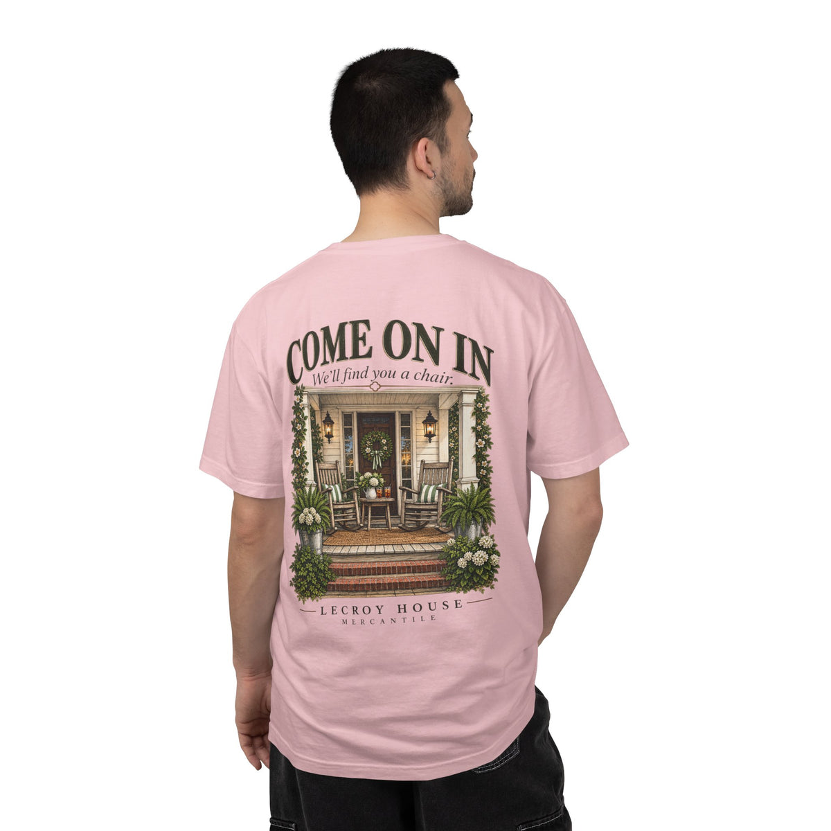 Come On In Porch T-Shirt — "Come On In, We'll Find You a Chair" Relaxed Front-Pocket Tee