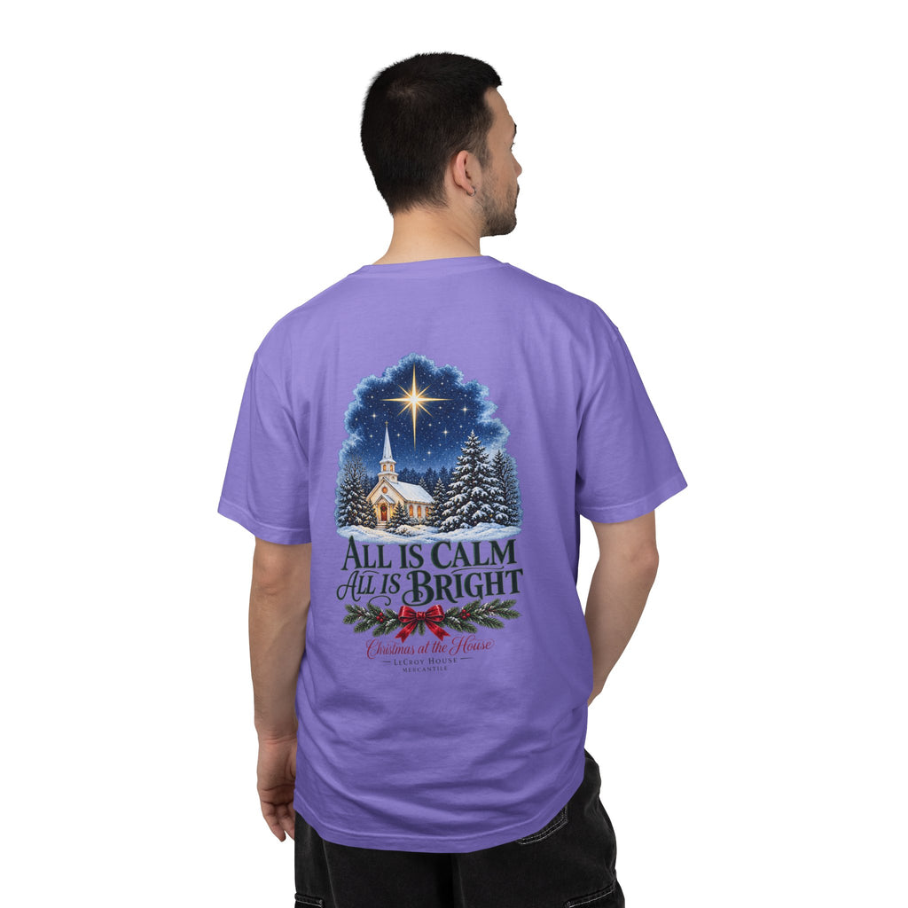 Christmas T-Shirt — "All Is Calm, All Is Bright" Church Scene Holiday Tee