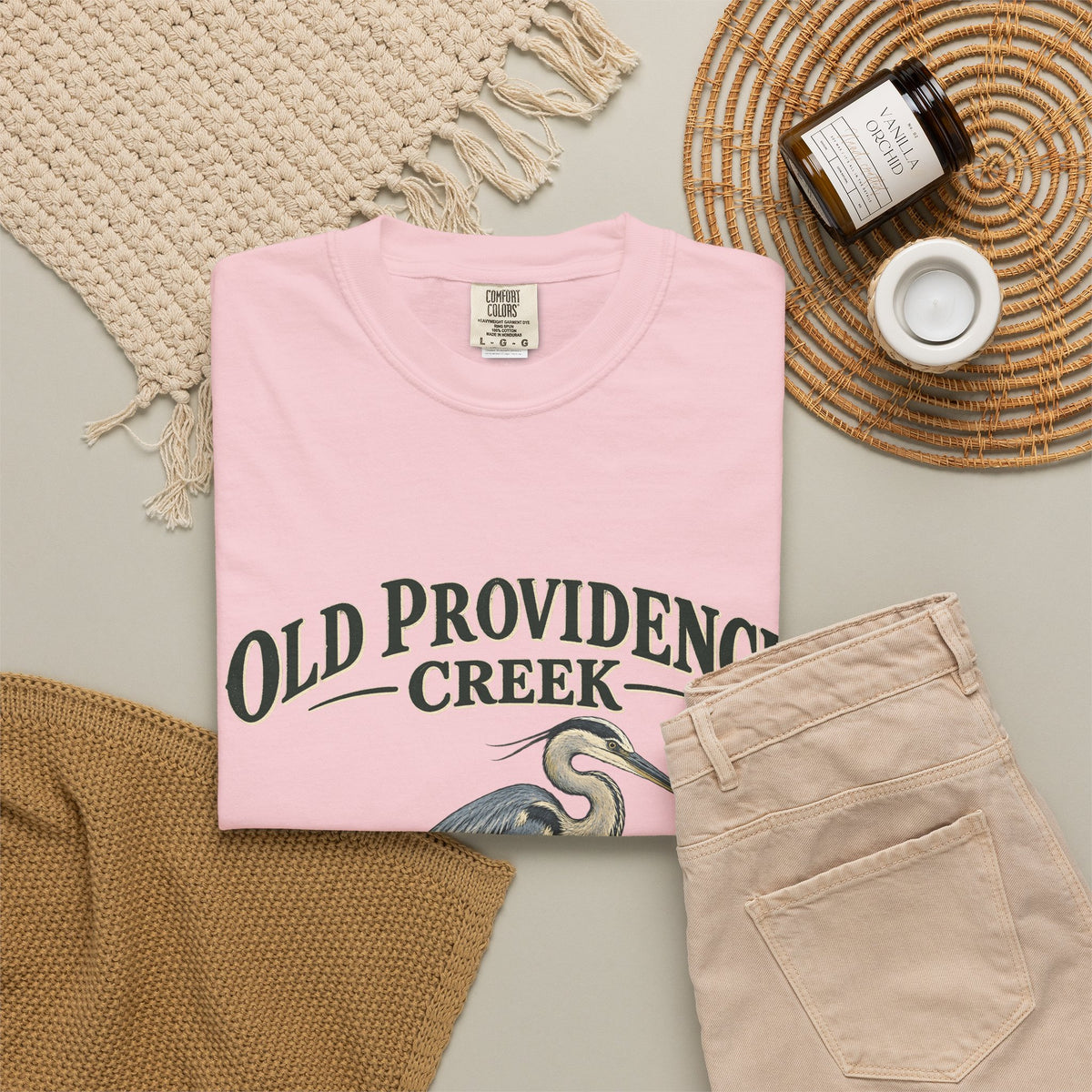 Old Providence Creek Heron T-Shirt — "Slow Down. Stay Awhile." Coastal Nature Tee