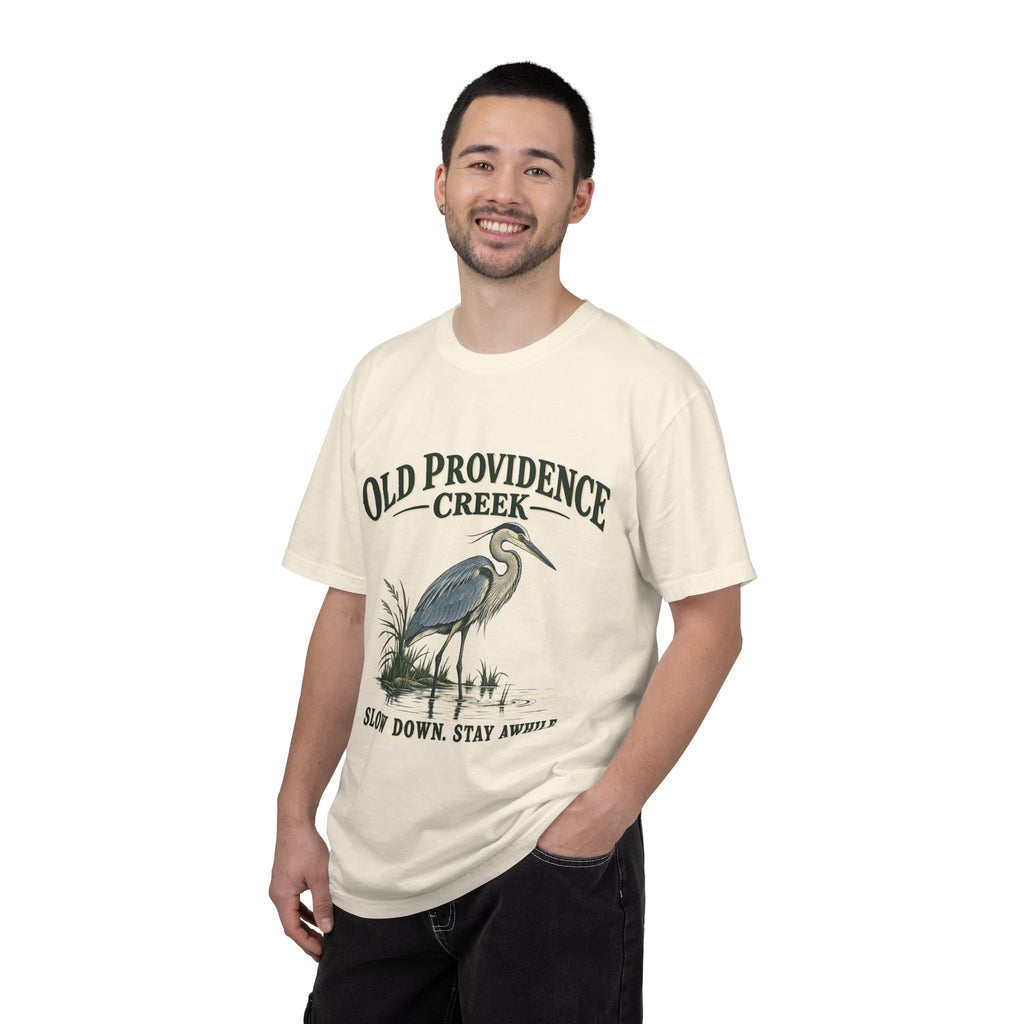 Old Providence Creek Heron T-Shirt — "Slow Down. Stay Awhile." Coastal Nature Tee