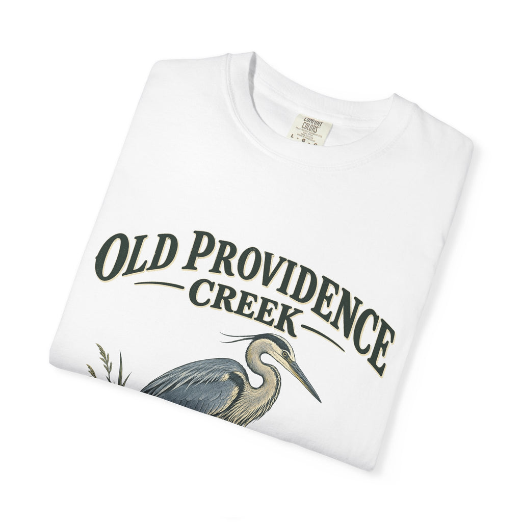 Old Providence Creek Heron T-Shirt — "Slow Down. Stay Awhile." Coastal Nature Tee