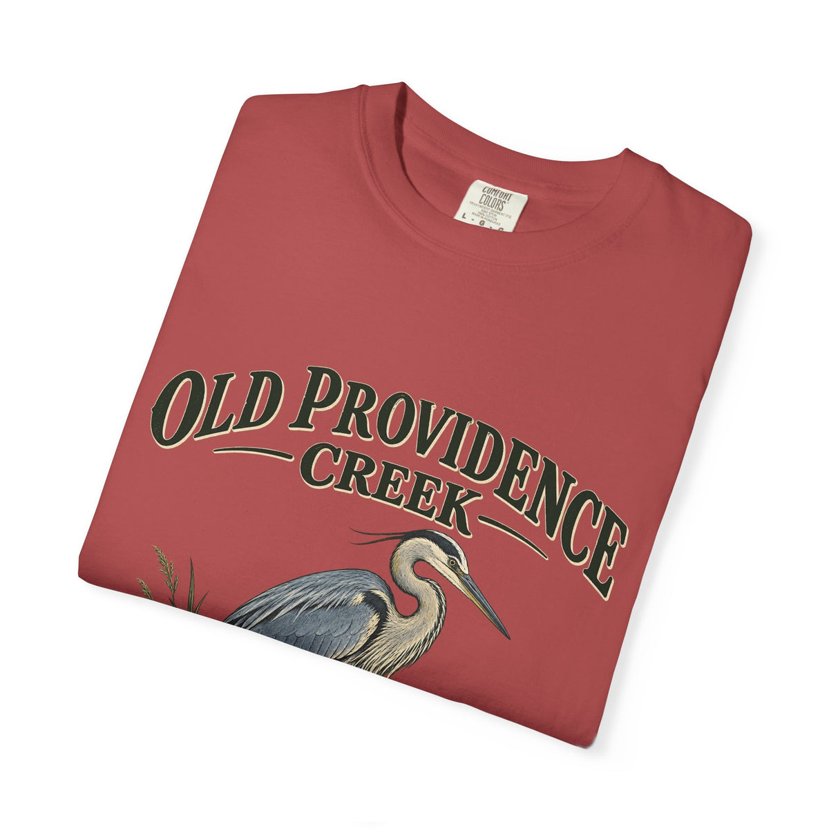 Old Providence Creek Heron T-Shirt — "Slow Down. Stay Awhile." Coastal Nature Tee