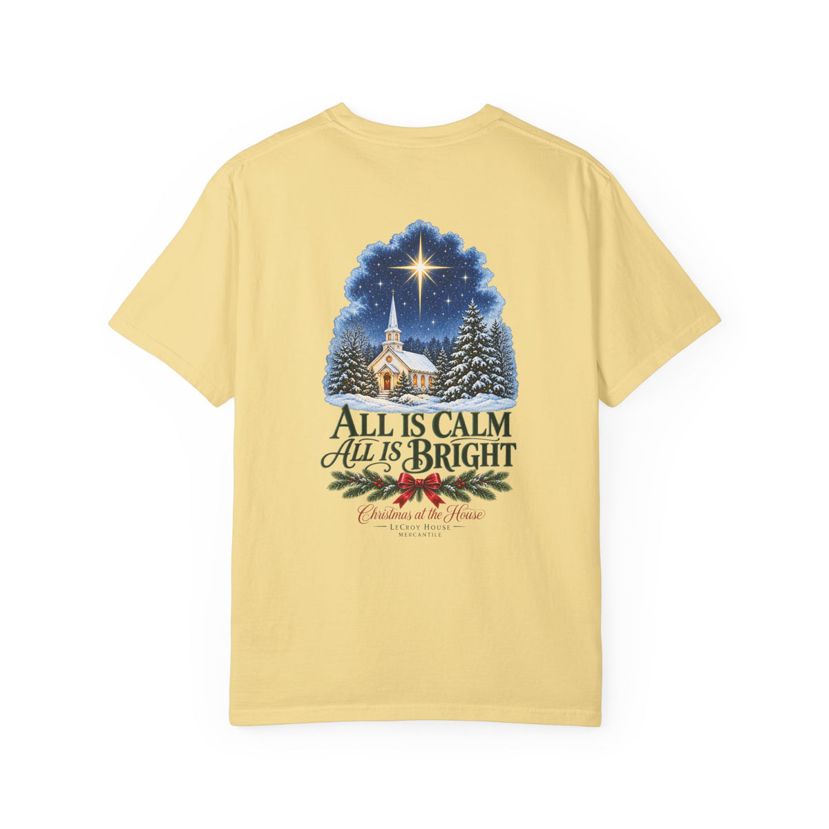 Christmas T-Shirt — "All Is Calm, All Is Bright" Church Scene Holiday Tee