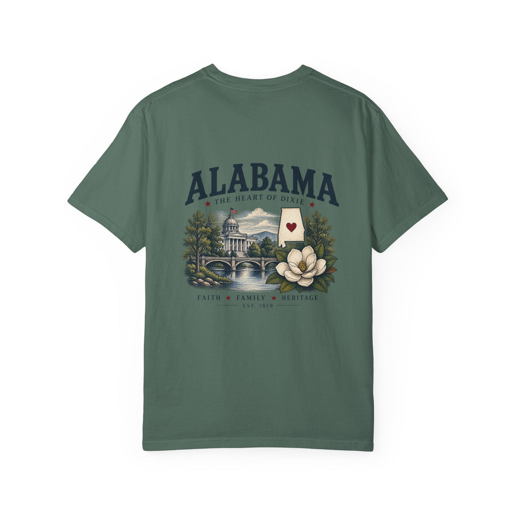 Alabama Heritage T-Shirt — State Scenic Back Print with Magnolia & Capitol