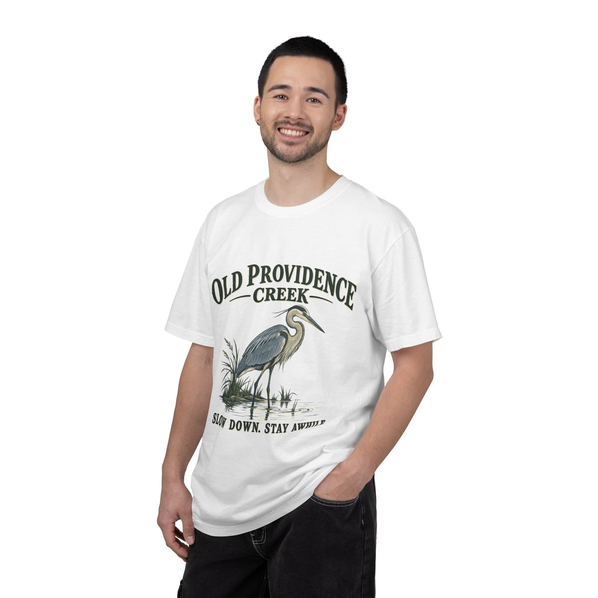Old Providence Creek Heron T-Shirt — "Slow Down. Stay Awhile." Coastal Nature Tee