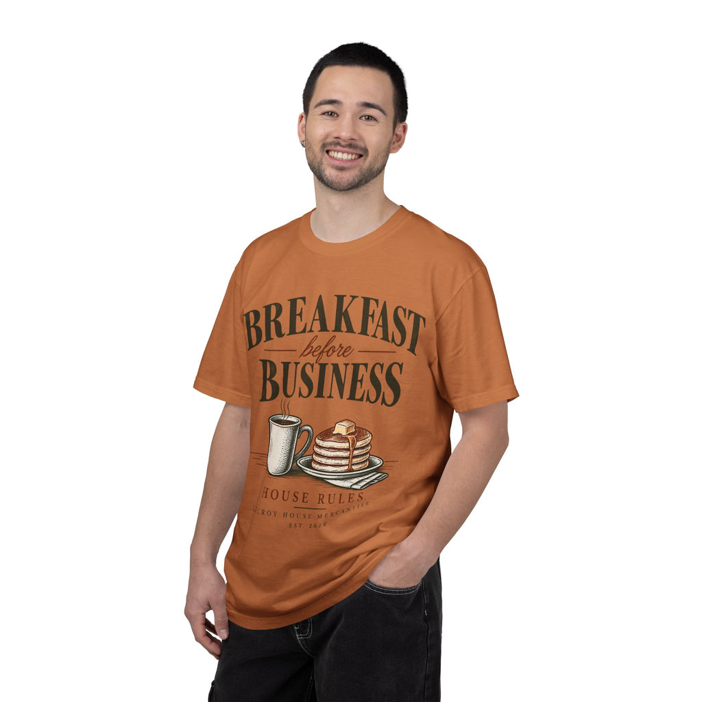 Breakfast Before Business T-Shirt — Coffee & Pancake Morning Graphic Tee
