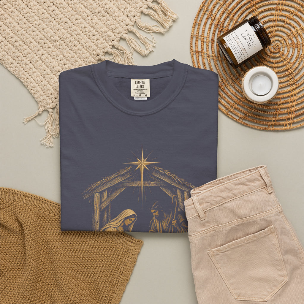 Nativity Christmas T-Shirt — "Christmas at the Manger" Religious Holiday Tee