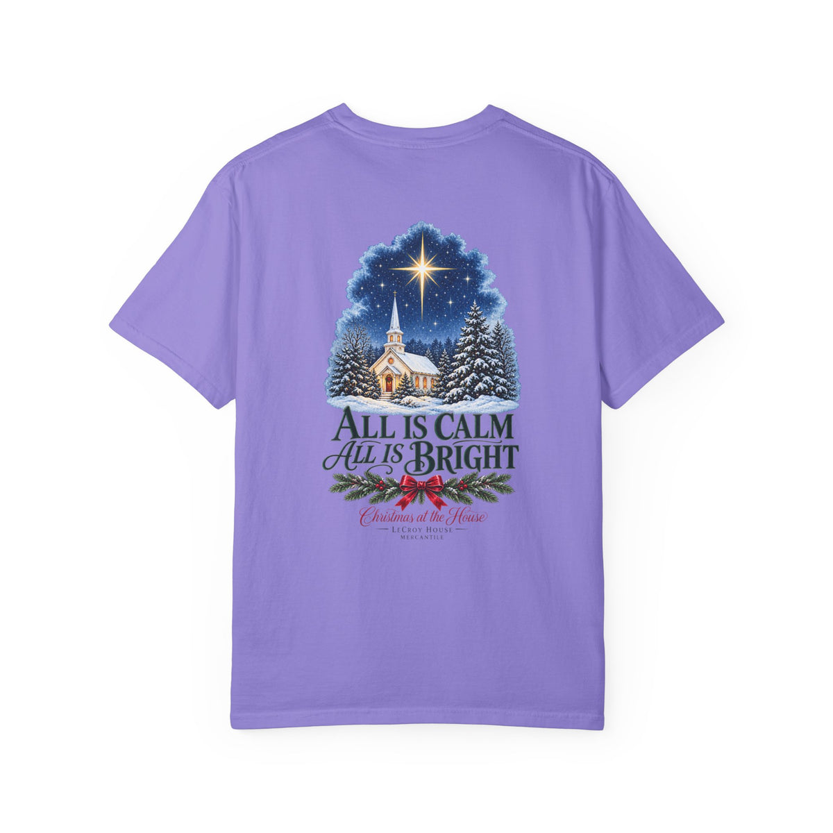 Christmas T-Shirt — "All Is Calm, All Is Bright" Church Scene Holiday Tee