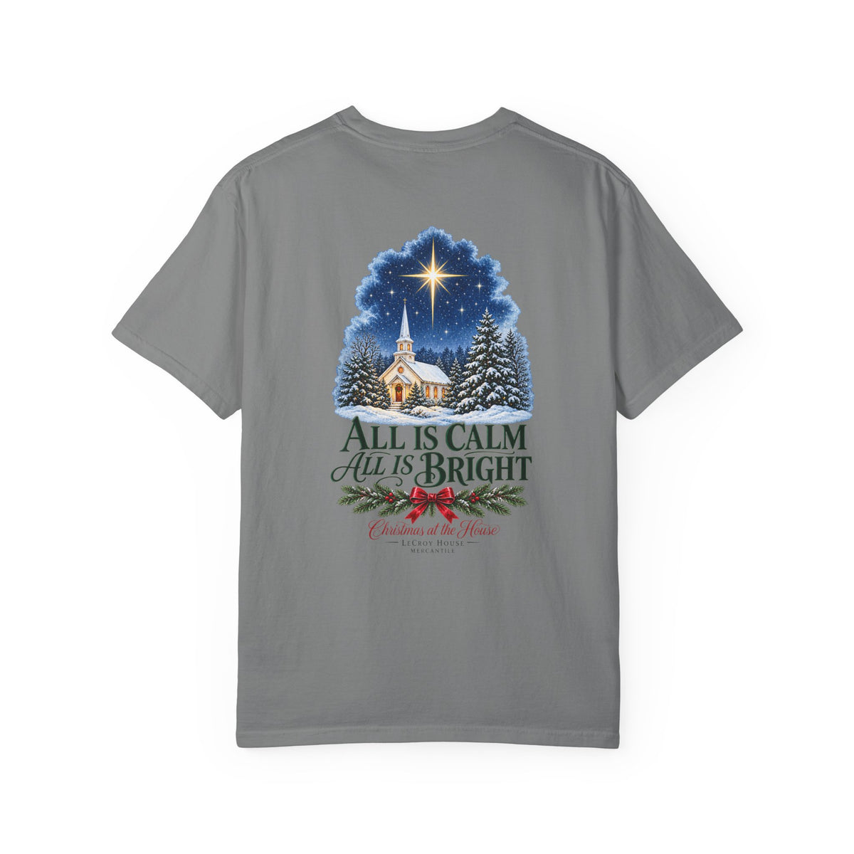 Christmas T-Shirt — "All Is Calm, All Is Bright" Church Scene Holiday Tee