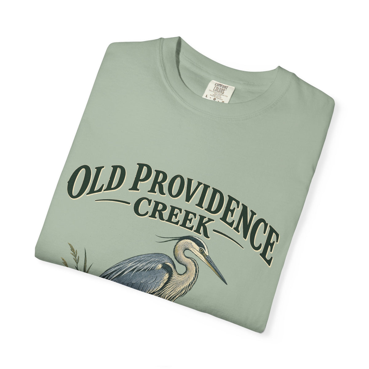 Old Providence Creek Heron T-Shirt — "Slow Down. Stay Awhile." Coastal Nature Tee