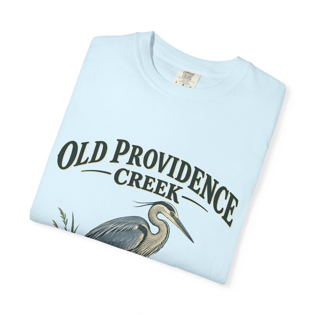Old Providence Creek Heron T-Shirt — "Slow Down. Stay Awhile." Coastal Nature Tee