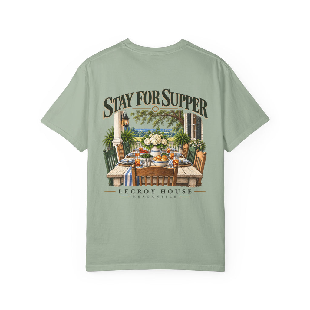 T-Shirt — "Stay For Supper" Scenic Dinner Porch Graphic