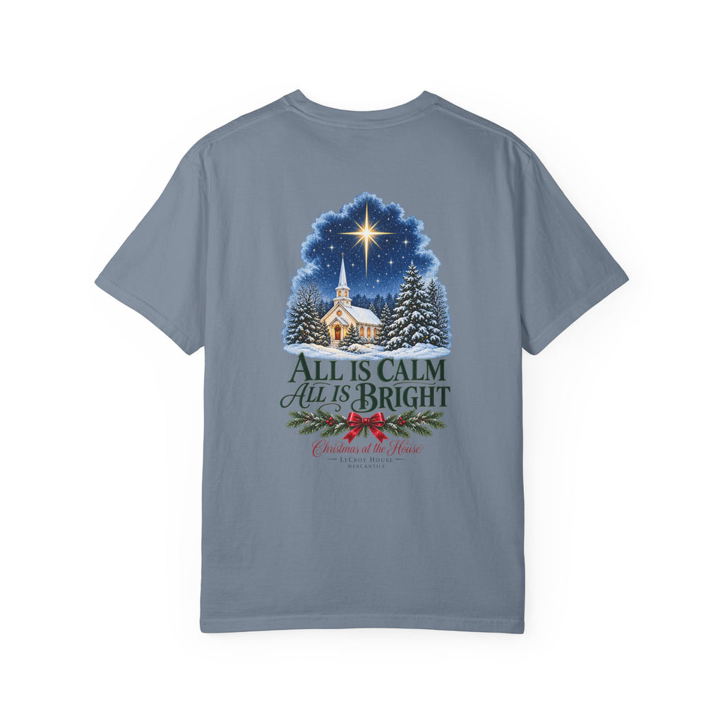 Christmas T-Shirt — "All Is Calm, All Is Bright" Church Scene Holiday Tee