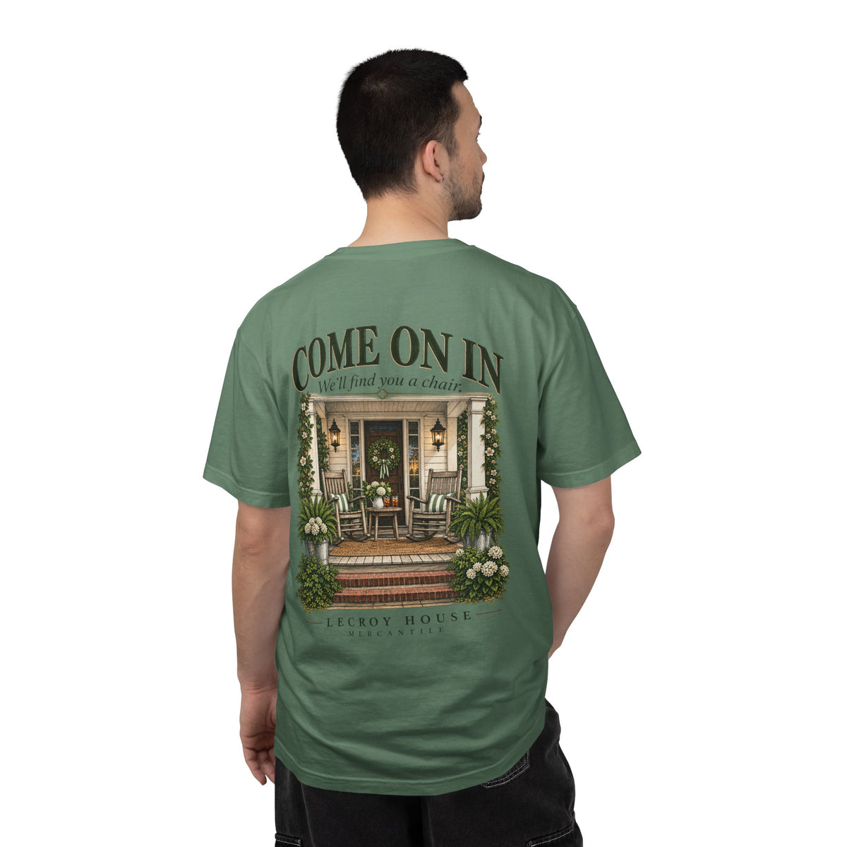 Come On In Porch T-Shirt — "Come On In, We'll Find You a Chair" Relaxed Front-Pocket Tee