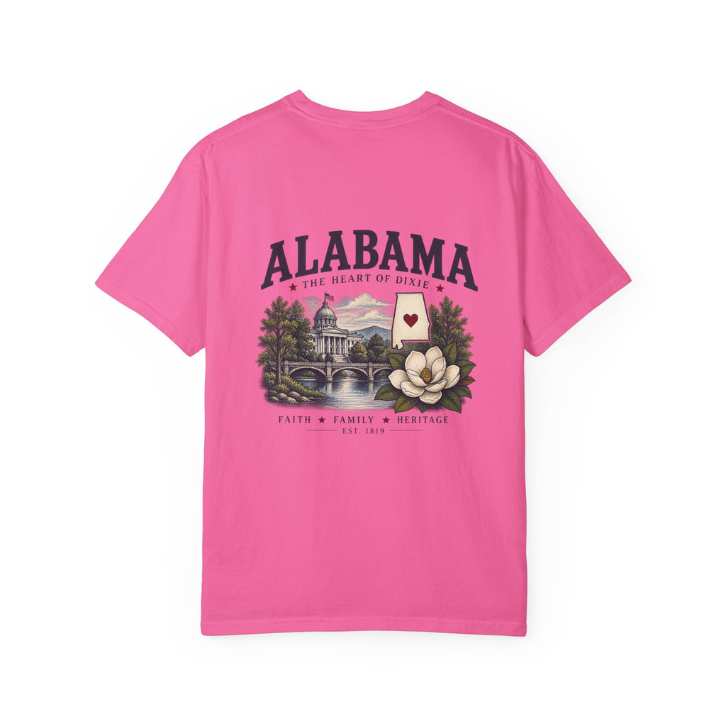 Alabama Heritage T-Shirt — State Scenic Back Print with Magnolia & Capitol