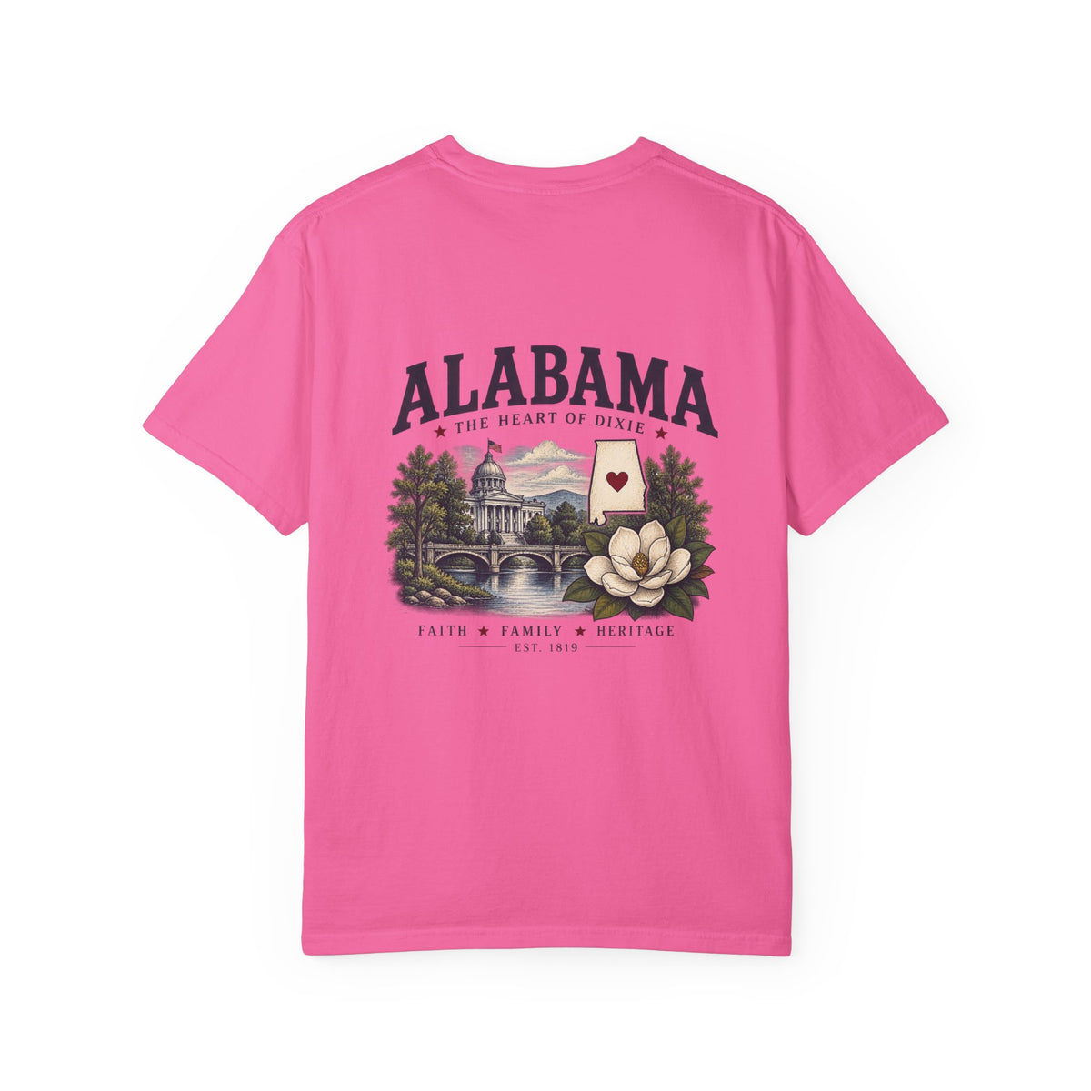 Alabama Heritage T-Shirt — State Scenic Back Print with Magnolia & Capitol