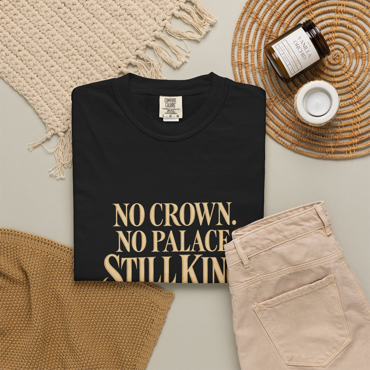 T-Shirt — "No Crown. No Palace. Still King." Inspirational Lion Graphic