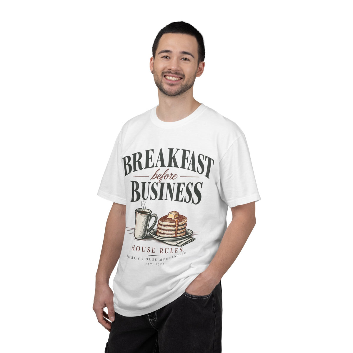 Breakfast Before Business T-Shirt — Coffee & Pancake Morning Graphic Tee
