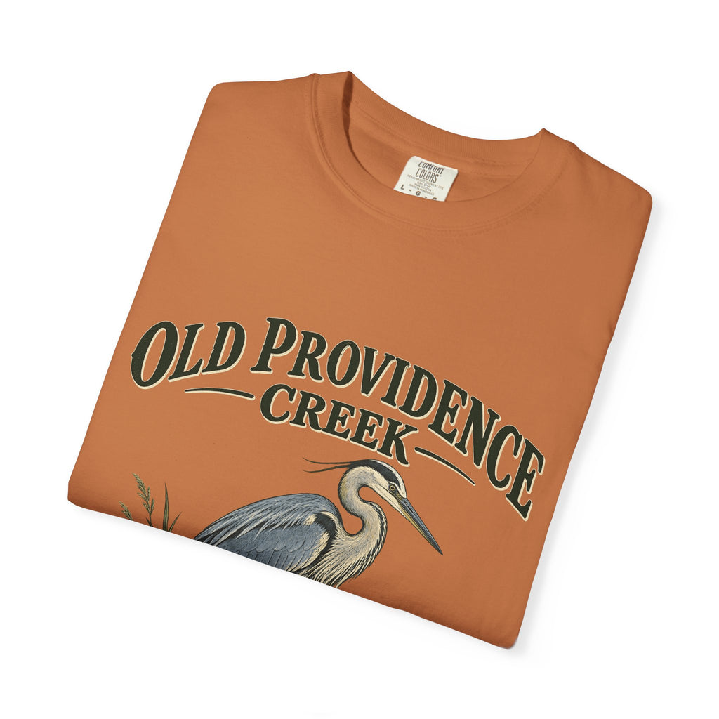 Old Providence Creek Heron T-Shirt — "Slow Down. Stay Awhile." Coastal Nature Tee