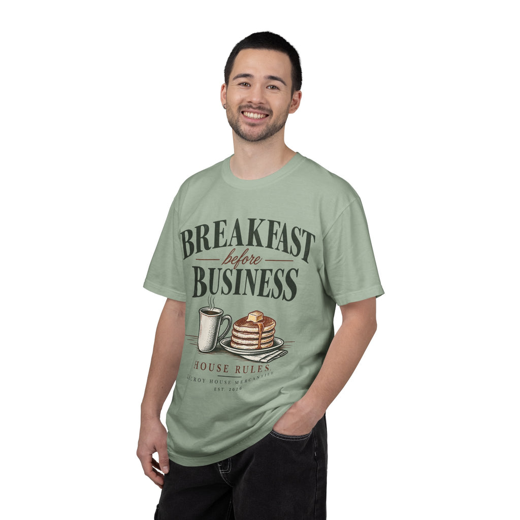 Breakfast Before Business T-Shirt — Coffee & Pancake Morning Graphic Tee