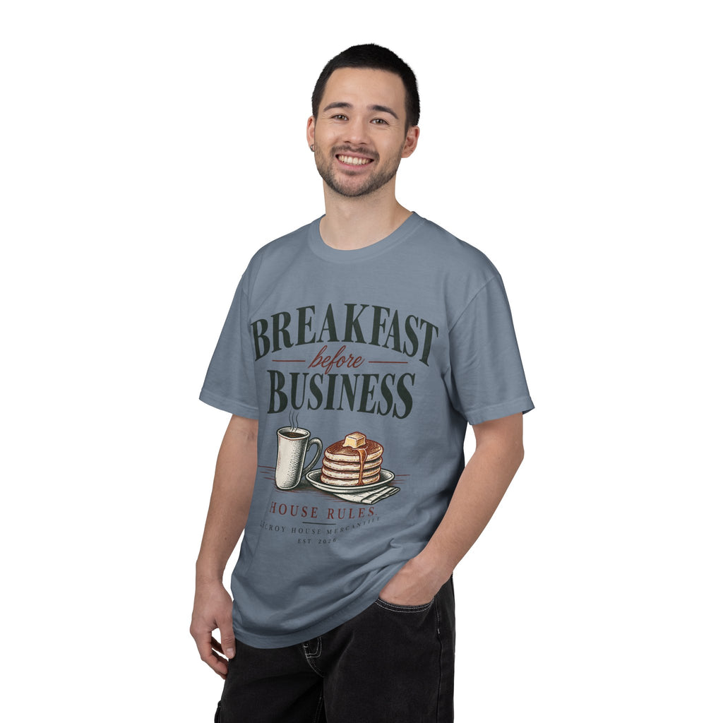 Breakfast Before Business T-Shirt — Coffee & Pancake Morning Graphic Tee