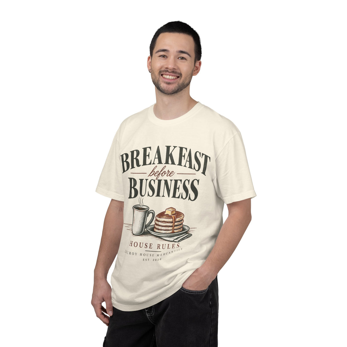 Breakfast Before Business T-Shirt — Coffee & Pancake Morning Graphic Tee