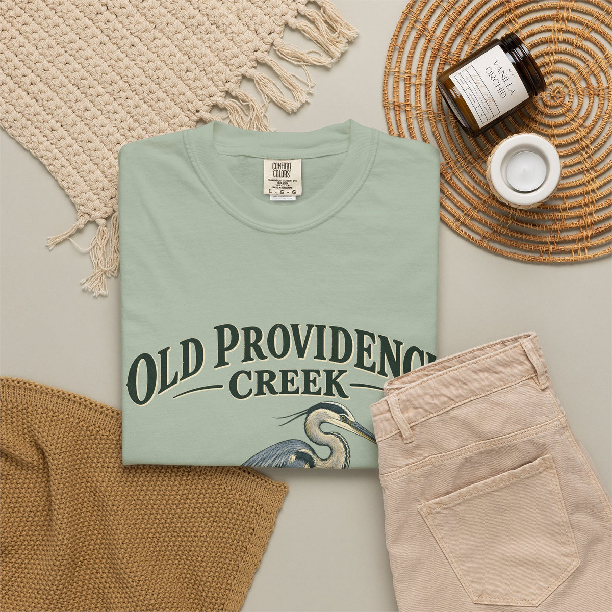 Old Providence Creek Heron T-Shirt — "Slow Down. Stay Awhile." Coastal Nature Tee