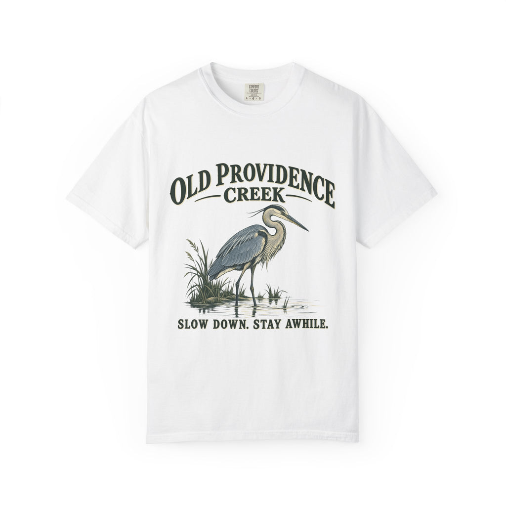 Old Providence Creek Heron T-Shirt — "Slow Down. Stay Awhile." Coastal Nature Tee