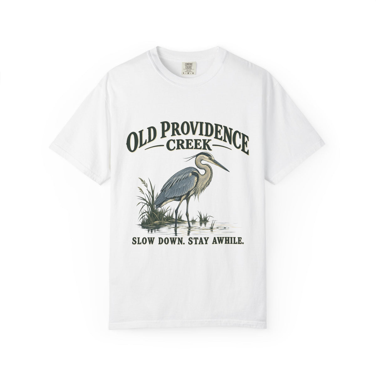 Old Providence Creek Heron T-Shirt — "Slow Down. Stay Awhile." Coastal Nature Tee