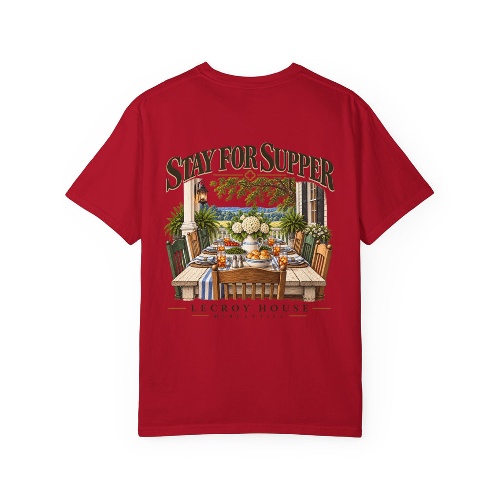 T-Shirt — "Stay For Supper" Scenic Dinner Porch Graphic