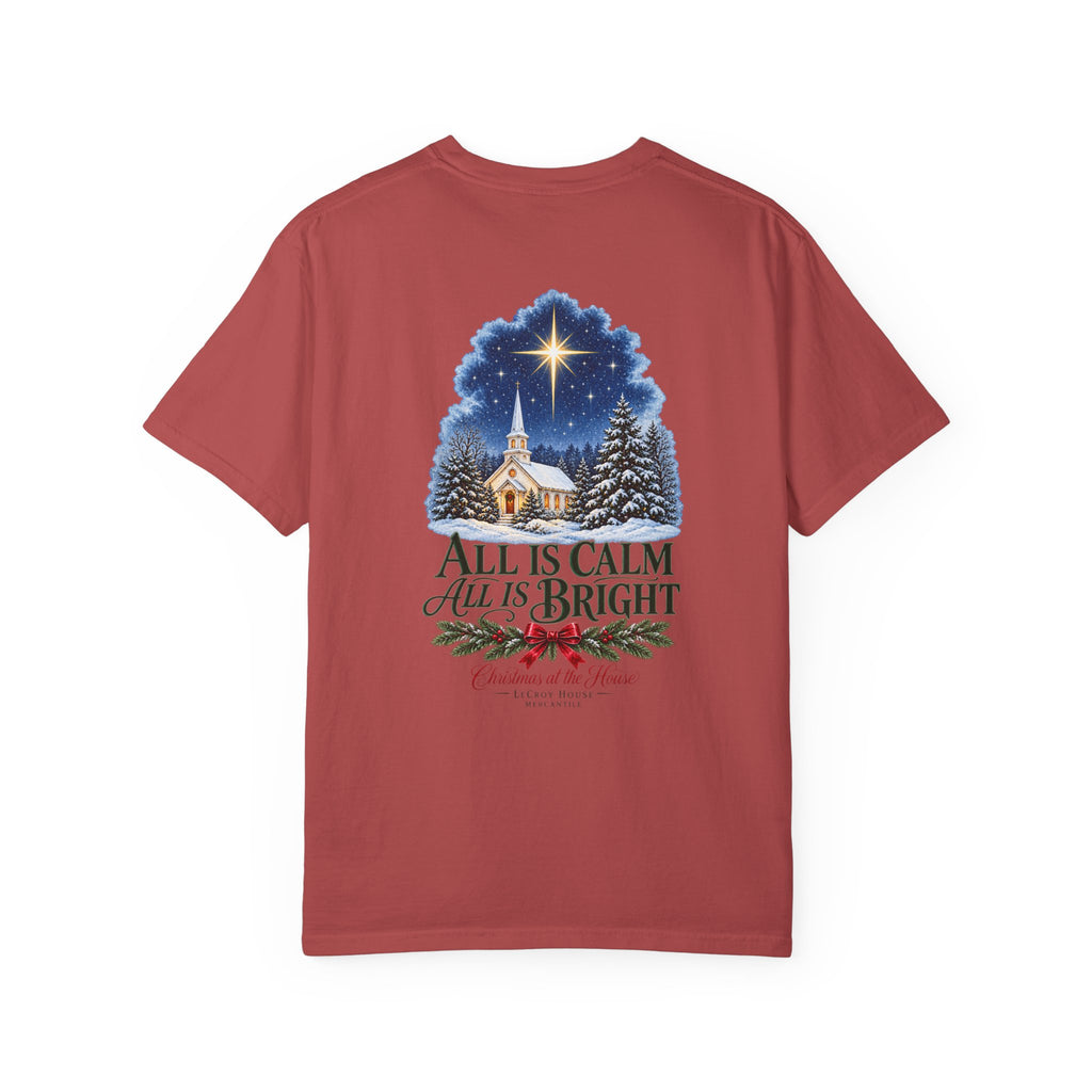 Christmas T-Shirt — "All Is Calm, All Is Bright" Church Scene Holiday Tee