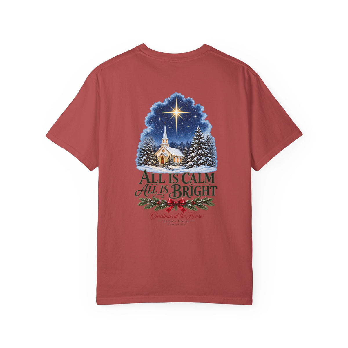 Christmas T-Shirt — "All Is Calm, All Is Bright" Church Scene Holiday Tee