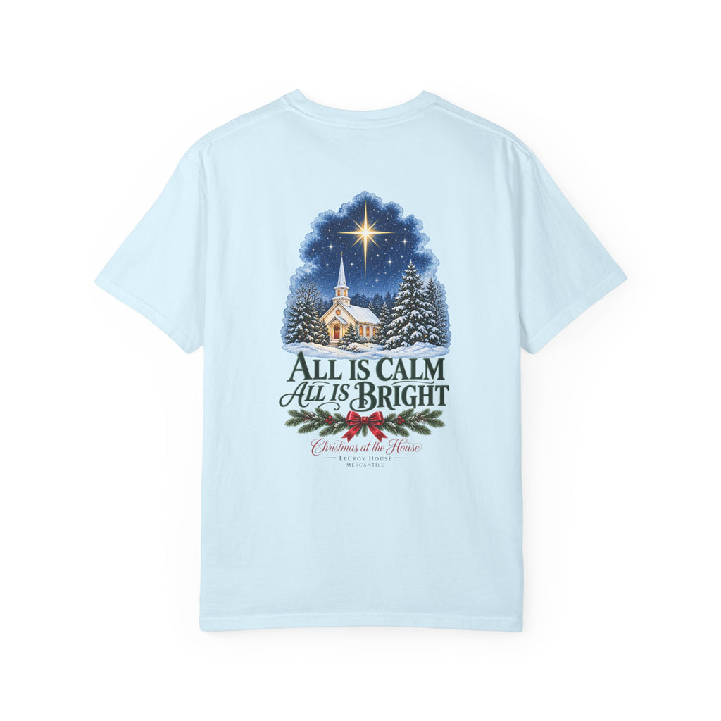 Christmas T-Shirt — "All Is Calm, All Is Bright" Church Scene Holiday Tee