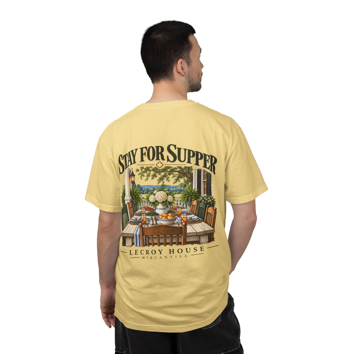 T-Shirt — "Stay For Supper" Scenic Dinner Porch Graphic