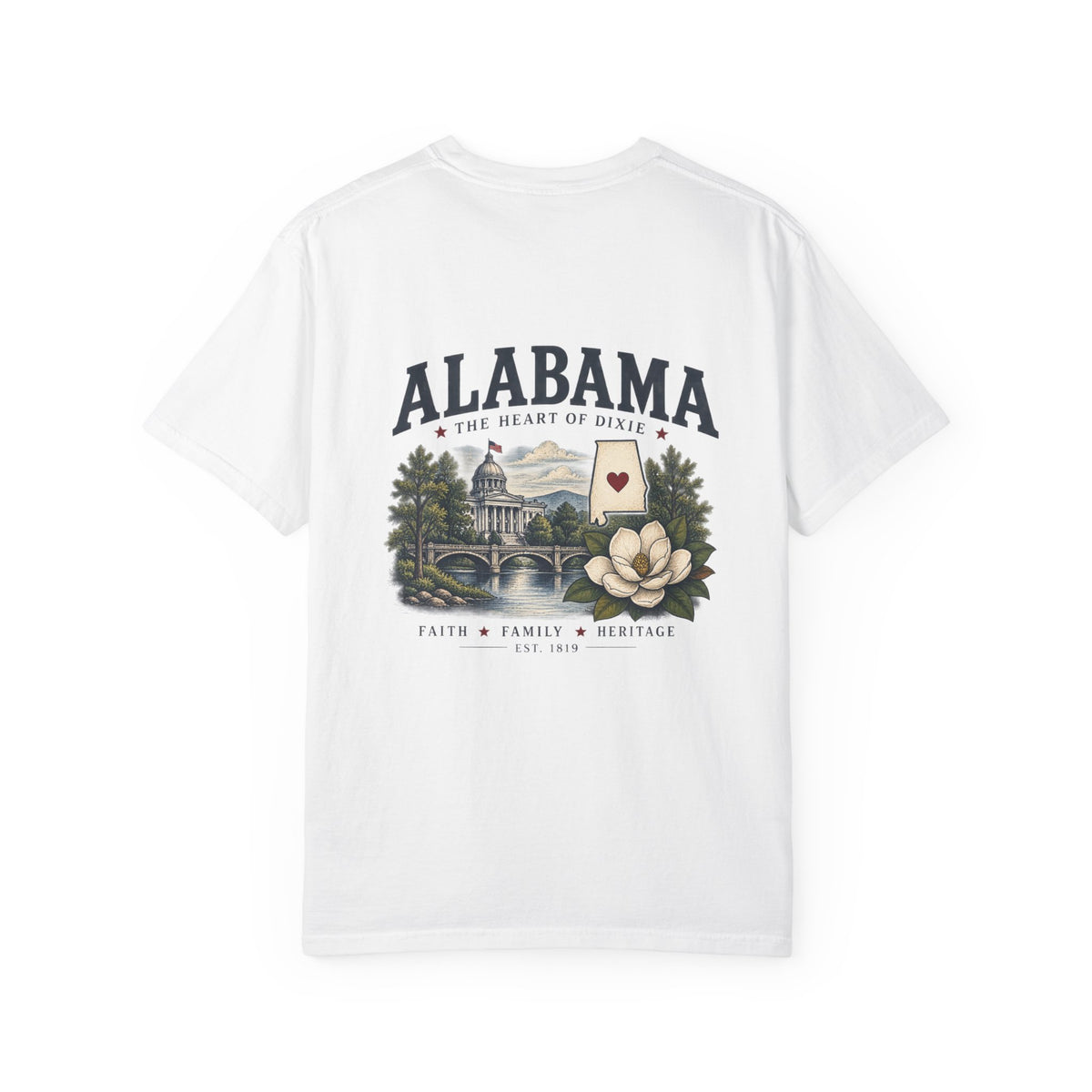 Alabama Heritage T-Shirt — State Scenic Back Print with Magnolia & Capitol