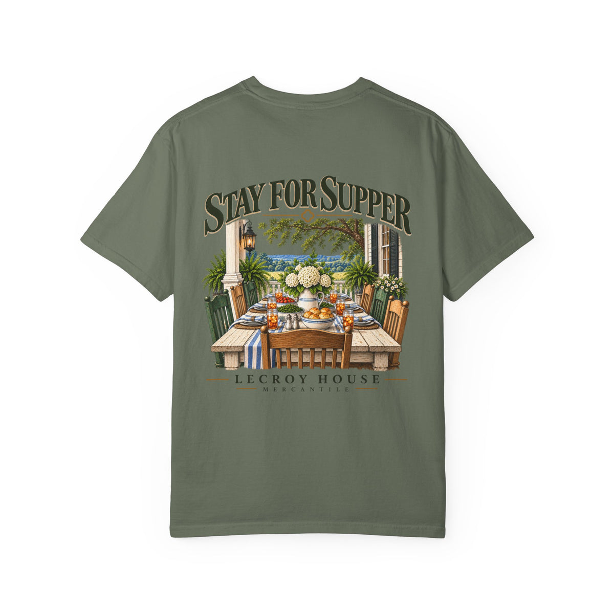 T-Shirt — "Stay For Supper" Scenic Dinner Porch Graphic