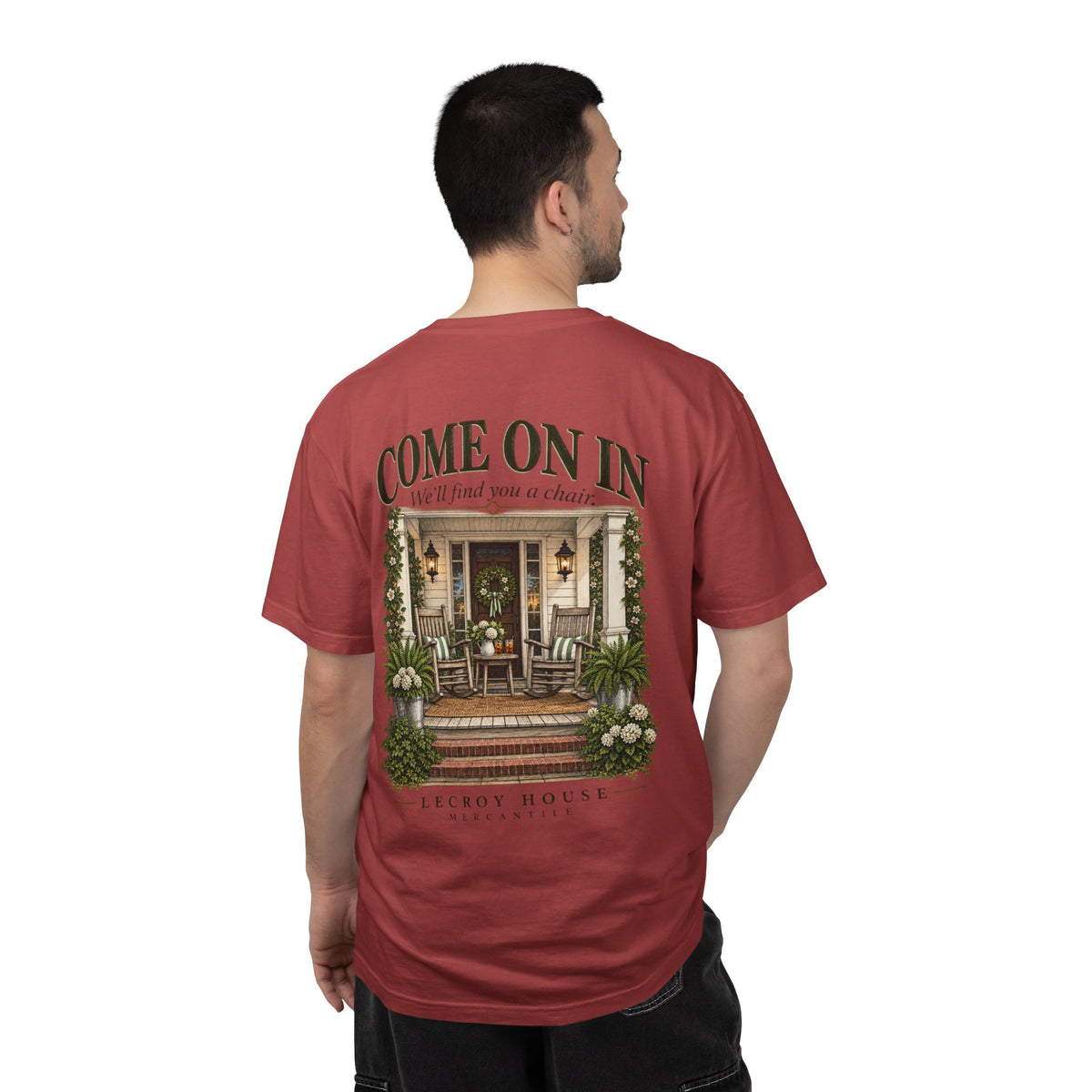 Come On In Porch T-Shirt — "Come On In, We'll Find You a Chair" Relaxed Front-Pocket Tee