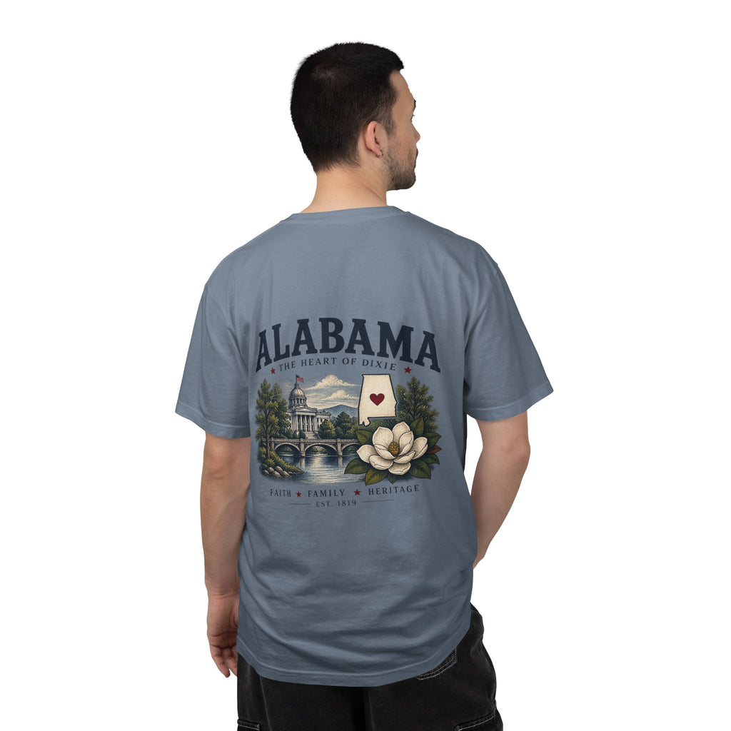 Alabama Heritage T-Shirt — State Scenic Back Print with Magnolia & Capitol