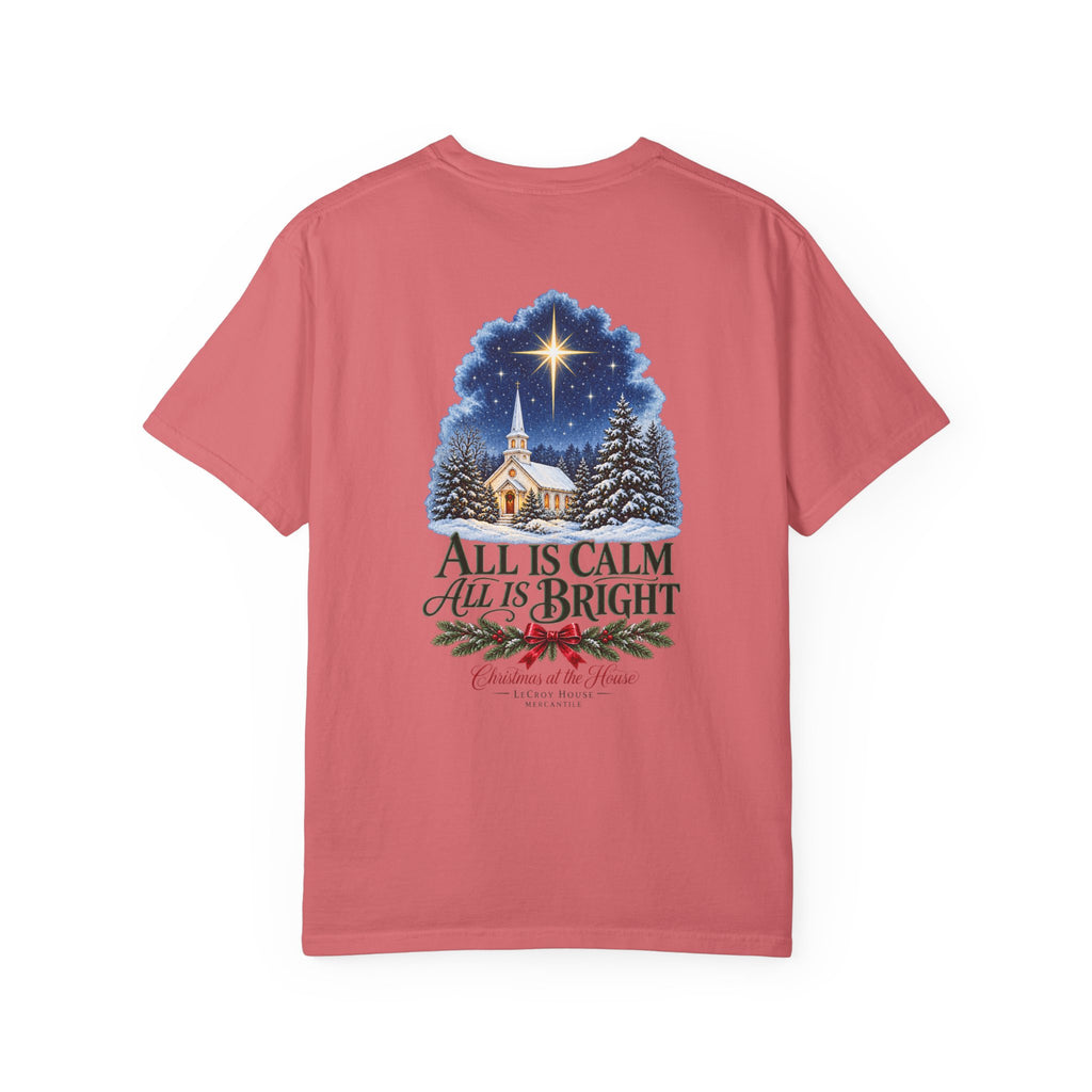Christmas T-Shirt — "All Is Calm, All Is Bright" Church Scene Holiday Tee