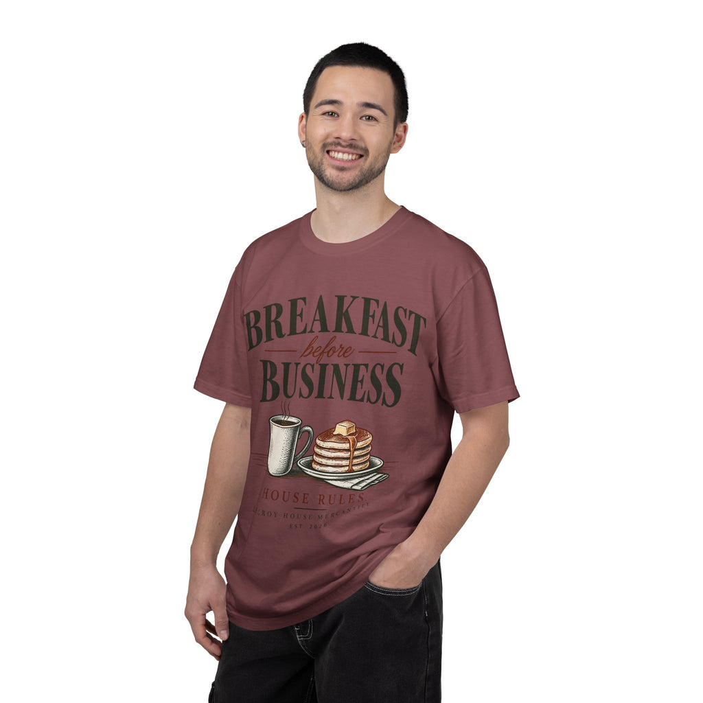 Breakfast Before Business T-Shirt — Coffee & Pancake Morning Graphic Tee