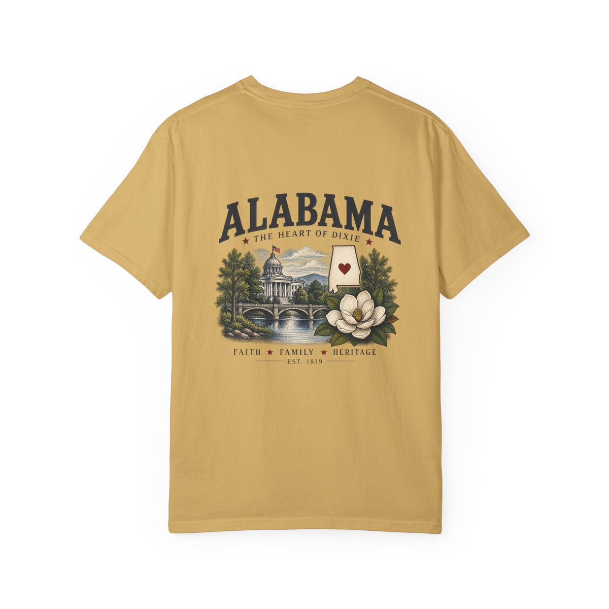 Alabama Heritage T-Shirt — State Scenic Back Print with Magnolia & Capitol